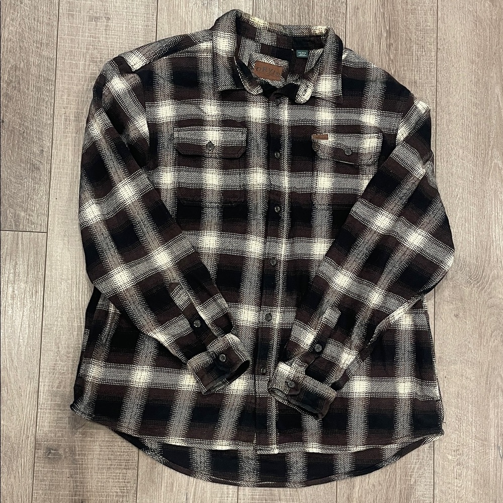 Orvis Men’s Heavy Flannel Shirt Jacket Brown Black Plaid Size XXL